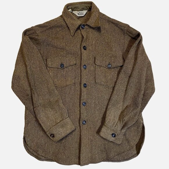 Vtg Woolrich 60s 70s Large Brown Mackinaw Herringbone Heavy Wool Shirt Jacket - Picture 2 of 8